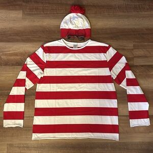 Where’s Waldo? Red & White Striped Long Sleeve Shirt w/ Pom-Pom Beanie & Glasses